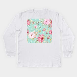 Retro Blue Roses Pattern Kids Long Sleeve T-Shirt